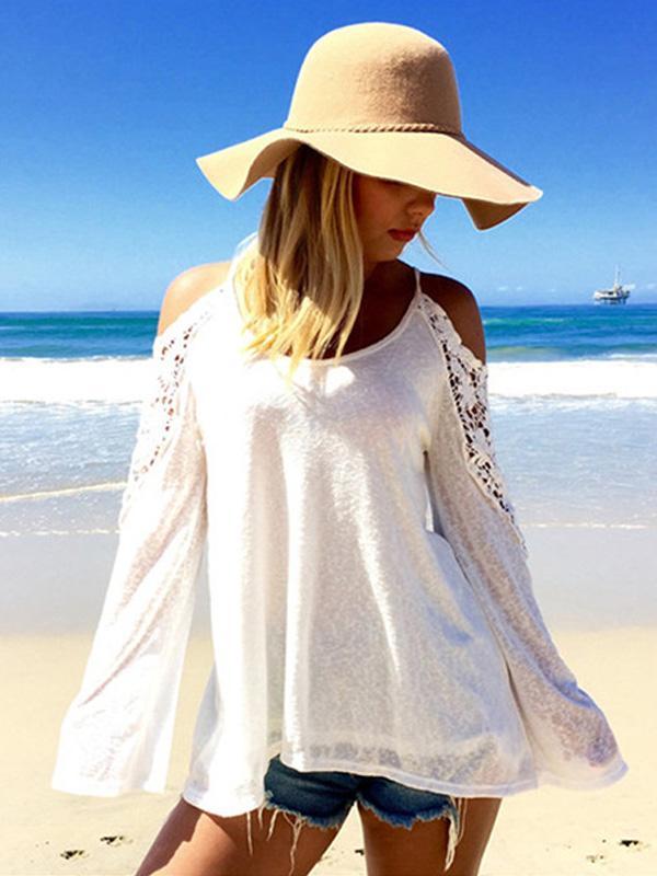 Femmes Crochet Dentelle Couture Tops À Manches Longues Décontracté Lâche Blouse Chemise Pull