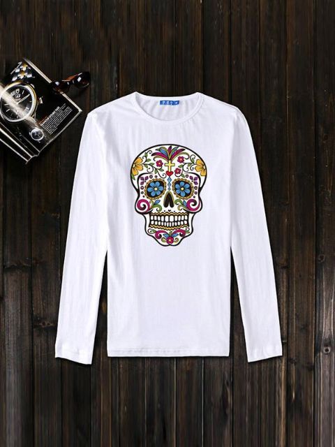 NEW 2015 Autumn Fashion Printed Round Neck Sullen Skulls Long Sleeve Shirt Casual Skull Tide Brand Shirts