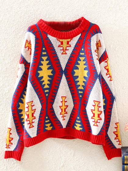 Pull en tricot chaud à manches longues et à motif géométrique pour femmes