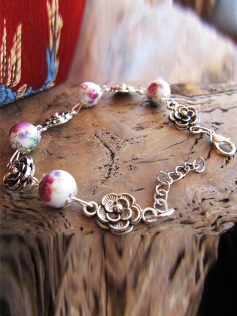 Nuevo encanto creativo redondo Folk-Custom plata floral cerámica pulsera accesorios de la joyería