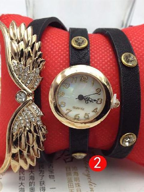 Mode Casual Elegant rund PU-läder lindningsrem Diamanter Gold Angel Wings Kvinnor Quartz Watch