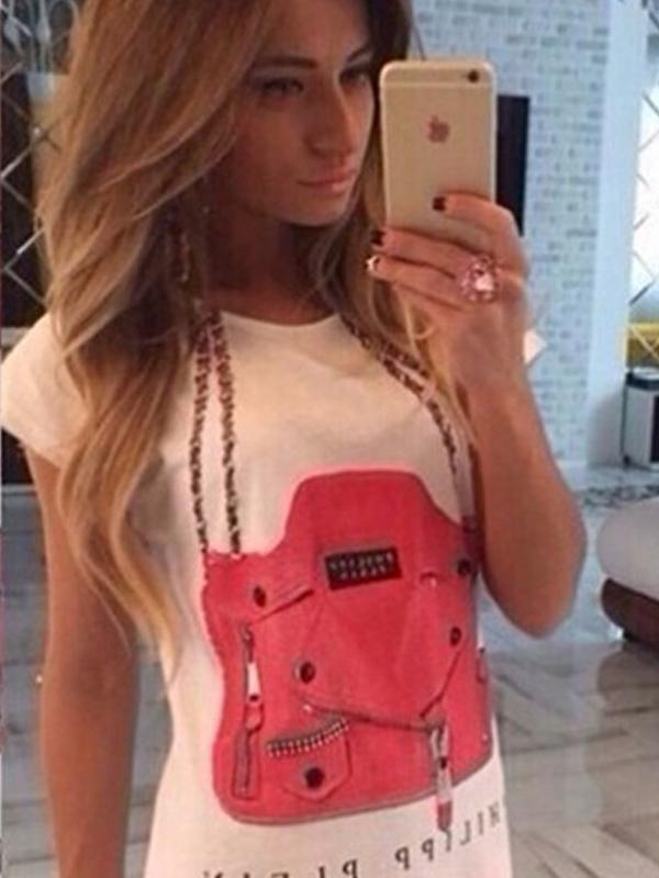 Þrívíddartöskur kvenna prenta hringlaga bolur með stuttum ermi bómullar boli