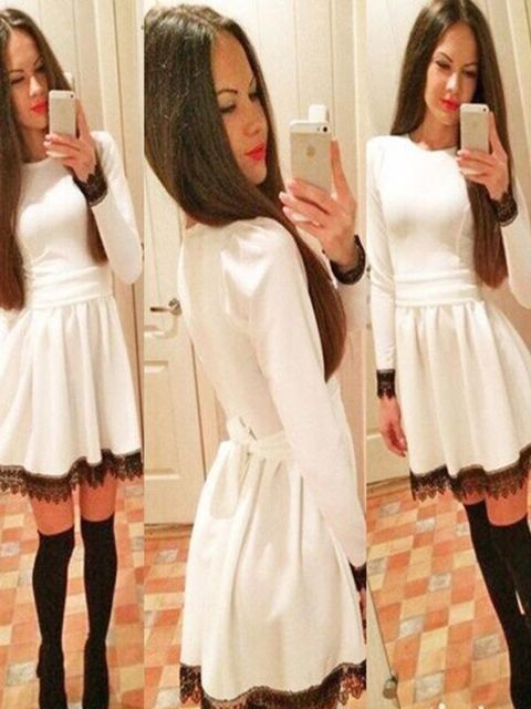 Dam klassisk långärmad solid vit klänning stor vinge veckad avslappnad klänning