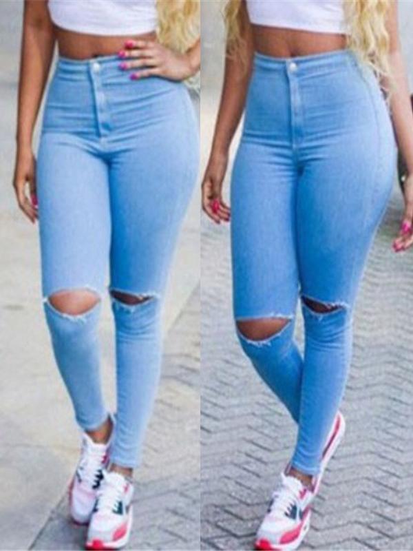 Mulheres Sexy Bodycon Cintura Alta Magro Denim Calças Skinny Rasgado Jean Calças Leggings