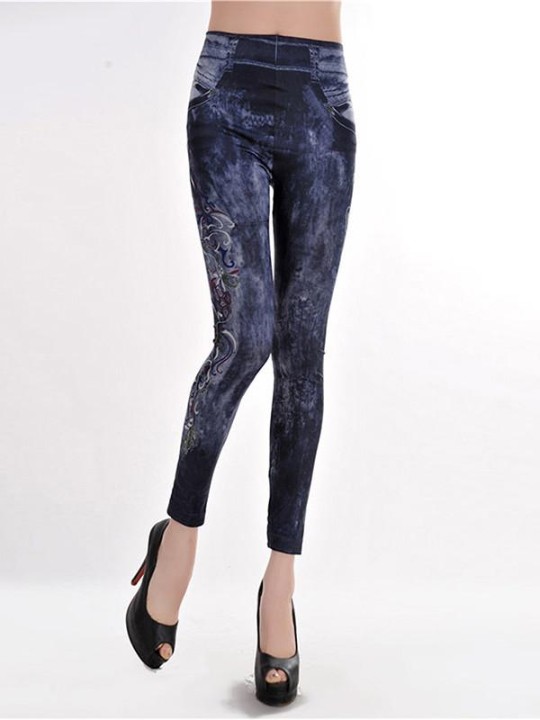 Kvinnors jeansjacka med skinny leggings Mode stretchbyxor Byxor Tattoo Leggings