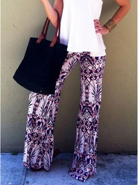 Women Fashion Floral Print Fold Over High Waist Palazzo Pants Loose Elastic Wide Leg Long Pants