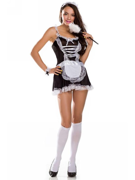 Ofur kynþokkafullur franskur vinnukona sem snýr að framan ímynda veislukjól Halloween búningabúnað