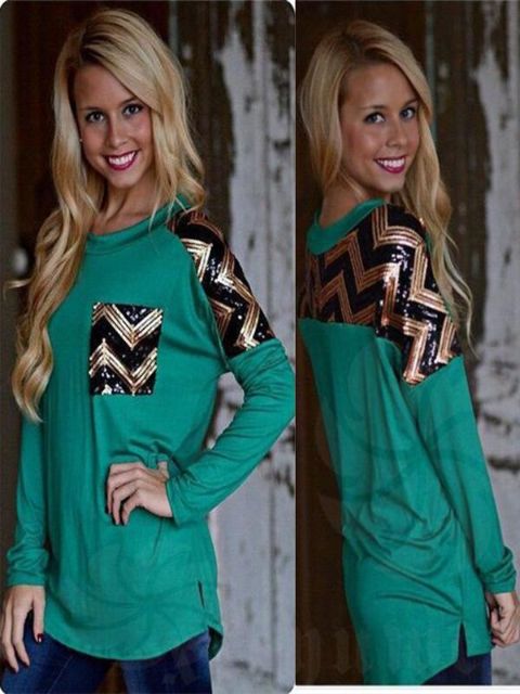 201509höst Kvinnors paljetter Ficka Långärmad T-shirt Bomullstoppar Sweatshirt