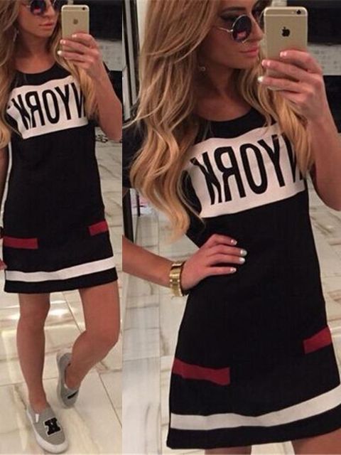 Naisten seksikäs lyhythihainen kirjaintulostus pehmeä rento mekko