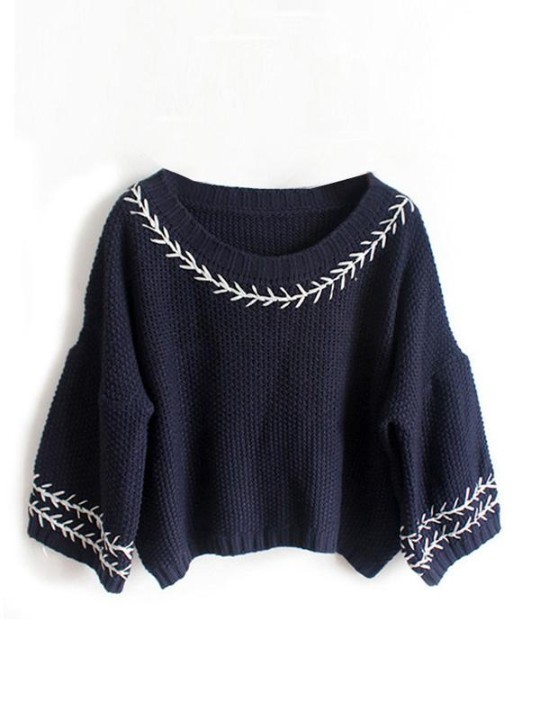 Nueva manga de la linterna bordada de encaje de las mujeres Casual suelta chaqueta de punto caliente de punto suéter de la rebeca