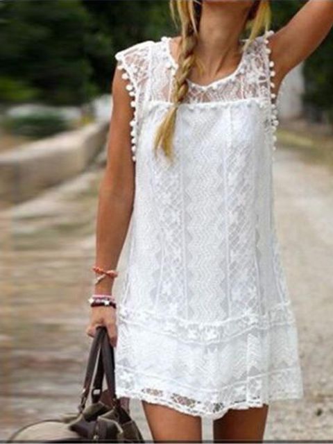 Hot Moda Feminina Sexy Sweat Lace Branco Sem Mangas Magro Casual Mini Vestido