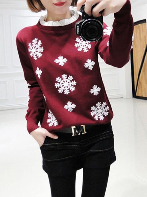 Automne Hiver Nouvelle Mode Doux Décontracté O-cou À Manches Longues Neige Imprimer Chaud Tricot Pull Tops