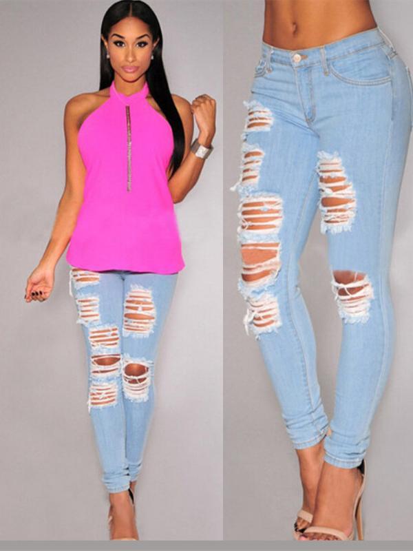 Pantalones vaqueros del tamaño 4 de las mujeres Pantalones del lápiz caprichosos del agujero grande de los pantalones vaqueros del diseñador de los pantalones vaqueros del dril de algodón de los pantalones vaqueros desgastados