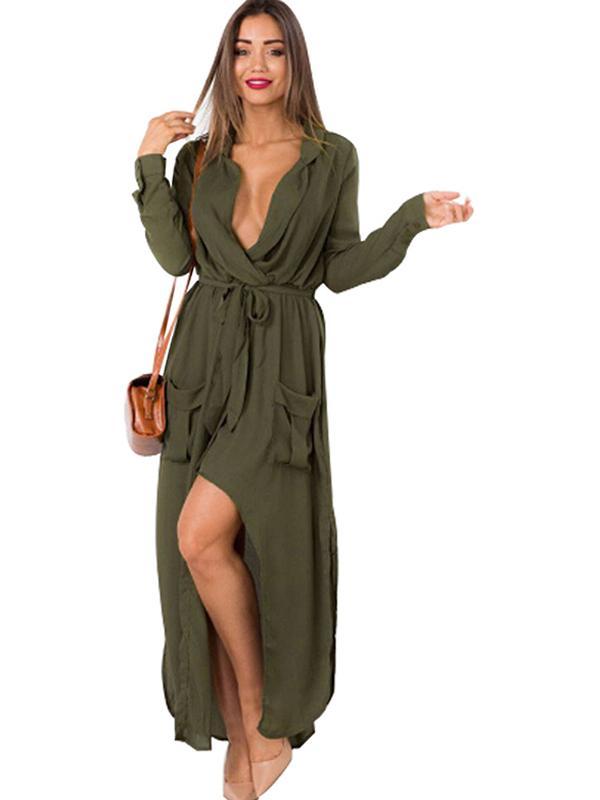 Vintage grannur, langur ermar niðurfelldur kragi Casual Maxi kjólar Trench Coat (hergrænn
S-XL)