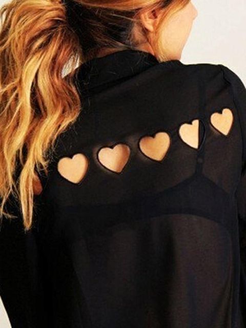 Kvinders OL-stil sort Chiffon-T-shirt, varm udhulet, tilbage revers-bluse