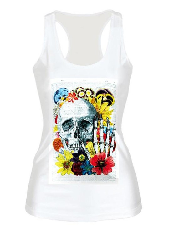 Kvenna tíska blóma höfuðkúpa stafrænt prentað bolur sumar bolur