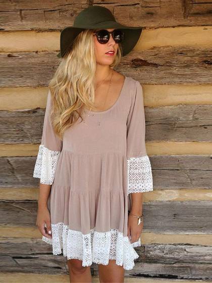 Bohemia Style Spetssömklänning för kvinnor Långärmad Casual Loose Mini Dress Doll Dress