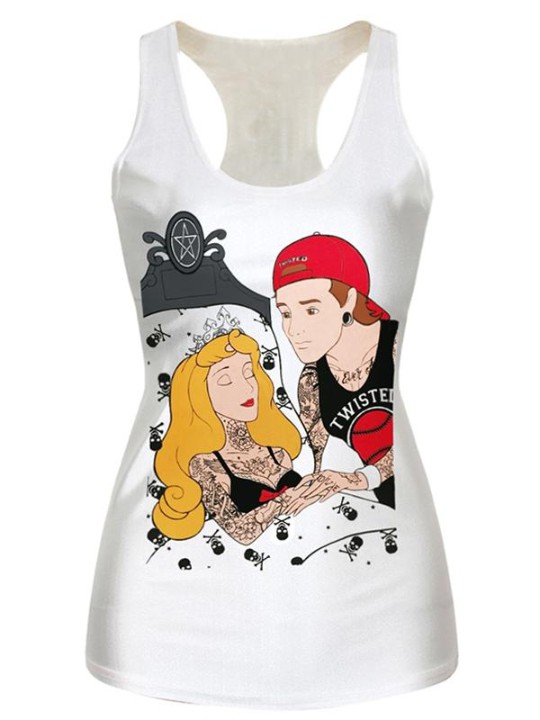 2015 Unisex 3D Digital White Cartoons Cult Sleeping Beauty Print Slim Vest Tank T-paita Goottityyliset klubivaatteet