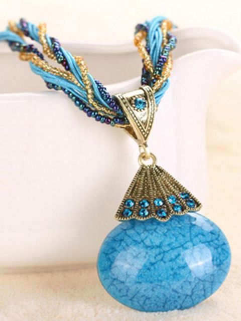 Women's New Sky Blue Round Crystal Stone Chain Bohemian National Wind Pendant Necklace