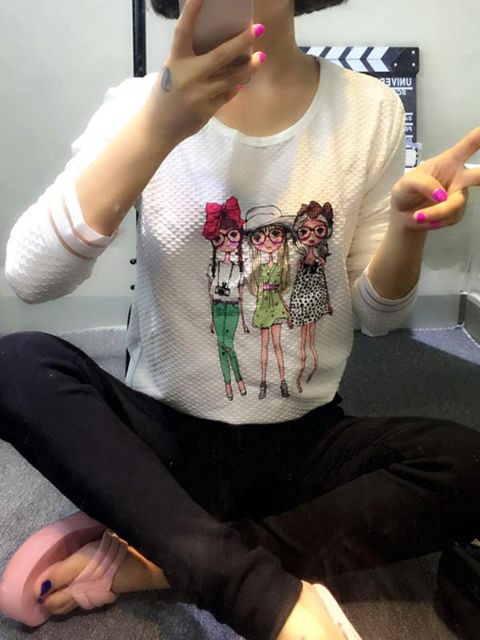 Kvinnors höstmode fri storlek söt tryck t-shirt långärmad rund hals bomullstoppar