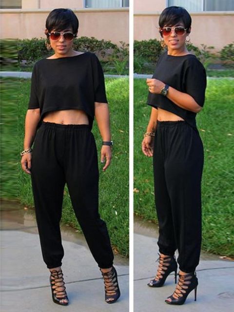 Svart elegant OL-stil korta ärmar Crop Top och Casual Loose Long Pants Jumpsuits