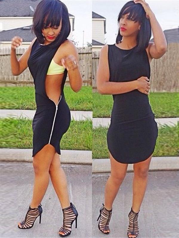 Svartur kynþokkafullur niðurskurðarpakki kvenna Hip Club Party Dress Side Zippper Sérstök hönnun