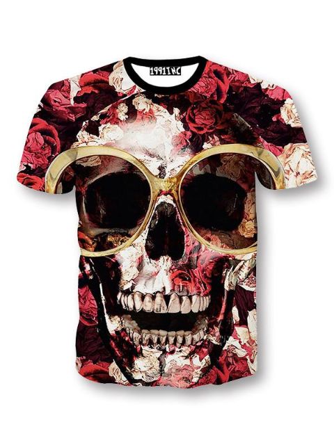 Kuuma myynti 2015 uusimmat suuret kukat lasit kallo tulostus 3d T-paita miesten muoti uutuus lyhythihainen pyöreä kaula rento t-paita