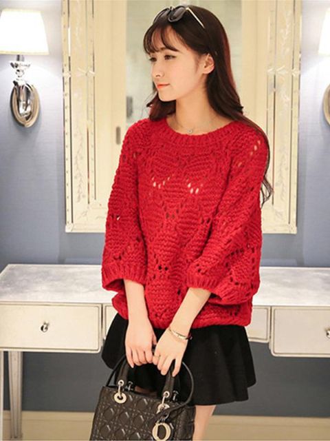 Pull en tricot chaud creux à manches chauve-souris lâche automne hiver