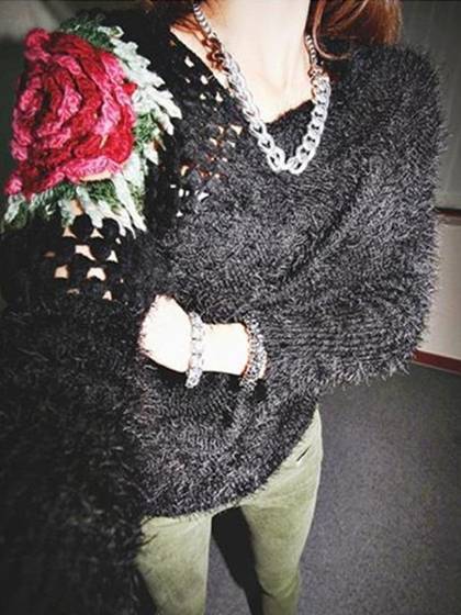 Damemode Langærmet afslappet hæklet rose sweater toppe Langærmet slank skjorte