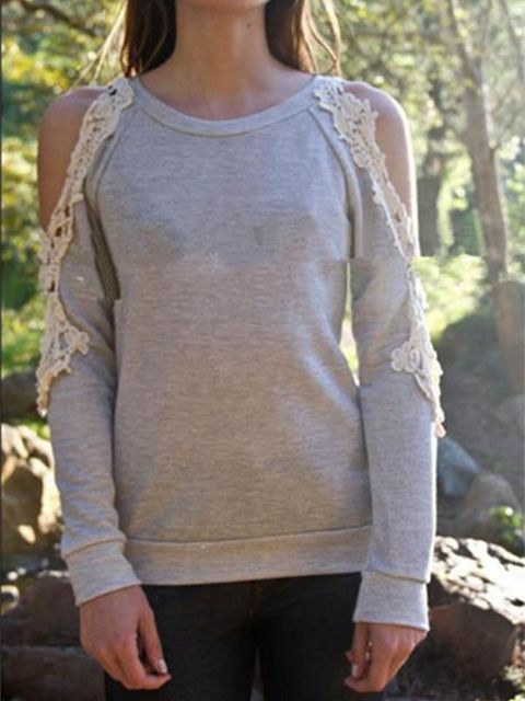 201509höst Kvinnor Plusstorlek Spetssömtröja Pullover Axel-off koreanska mode toppar blus