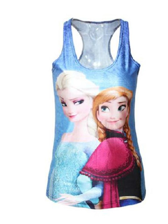 Women&#39;s Frozen Anna and Elsa Digital Printed Ærmeløs T-shirt Vest Tank Tops