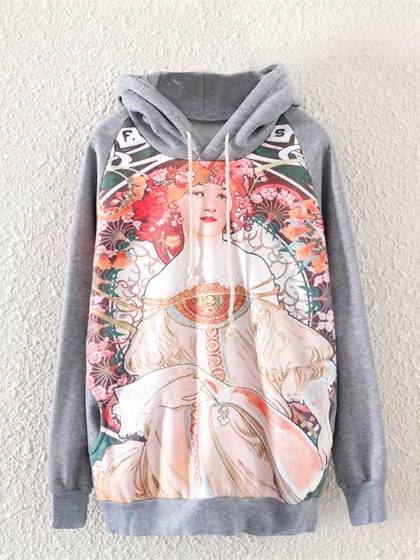 Lady Haust Ný tíska Casual Loose Adility Printing Langerma þykkari flís hettupeysa Yfirhafnir