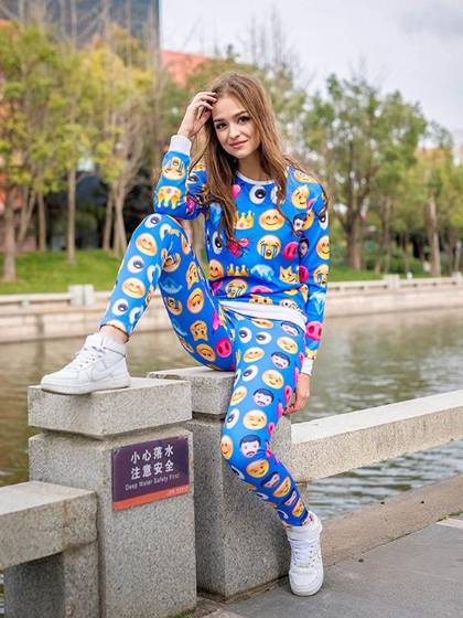 Moda mujer Emoji Print Sports Suit Jogger Tops Pullover + Ajustable Drawstring Harem pantalones