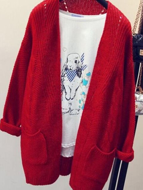 Otoño Invierno Nueva Moda Casual Manga Larga de Bolsillo Cálido Cardigan Cardigan Punto Suéter Largo Tops