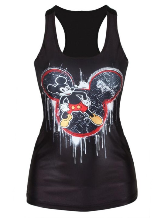 Mode d&#39;été pour femmes 3D numérique noir dessin animé Mickey Mouse imprimer sans manches mince mode gilet réservoirs T-shirt Gothic0909