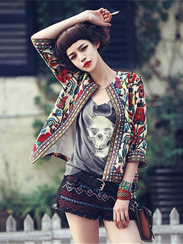 Women 2015 Autumn Winter Retro Rose Print Multicolor Jacket