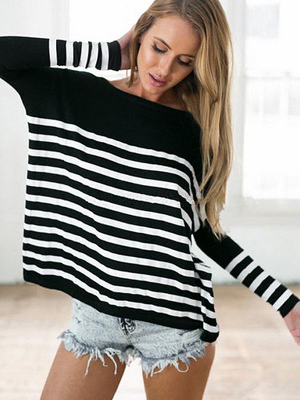 Haustískur kvenna röndóttar langerma bolir í plús stærð bútasaumur