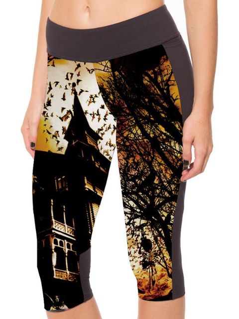 New Fashion Womens Dark Seal Polyester Fibers Elastiskt digitaltryck 3/4 leggings för träning