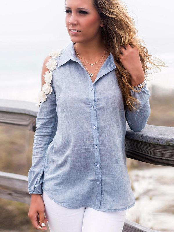 201509höst Kvinnors sexiga axel ihåliga spetsblommasömmande kavajblus T-shirt Slim Fit Grey Toppar