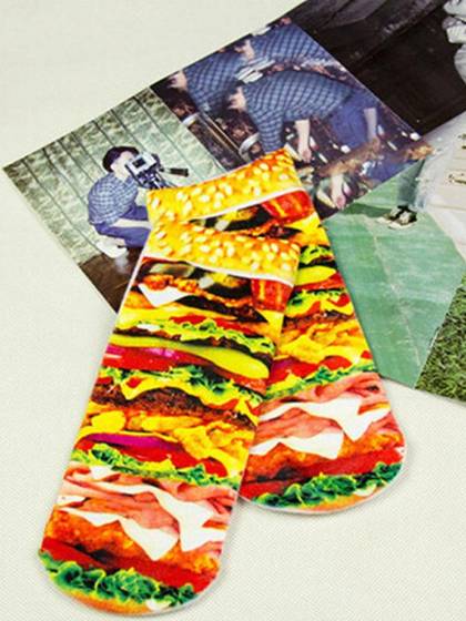 Multicolors Harajuku Style Hamburger Pattern Hombres y Mujeres Calcetines 3D Impreso Cute Low Cut Tobillo Calcetines