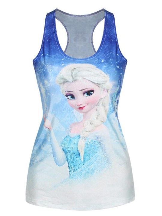 Moda verão Cartoons 3D Digital Dos Desenhos Animados Congelados Ann Print Sem Mangas Fino Moda Vest Tanques T-shirt