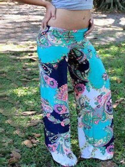 Women Tribal Aztec Printed  Casual Pants Wide Leg Fold Over High Waist Palazzo Pants Trousers