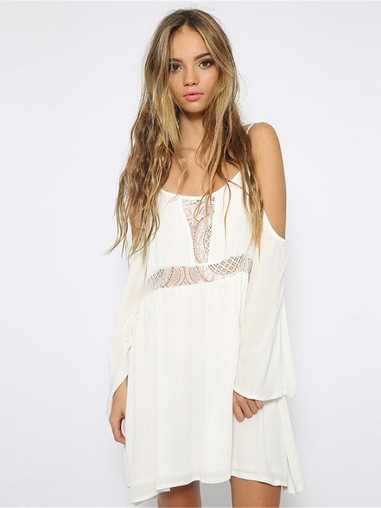Moda feminina Hot Lace branco Sling Off Shoulders Irregular Inferior Vestido Casual