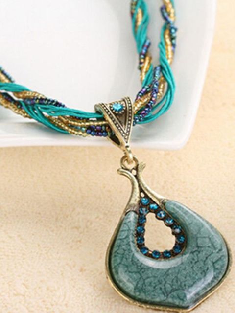 Women's New Geometric Dark Green Chain Bohemian National Wind Pendant Necklace