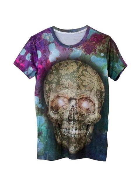 Unisex sommer 3D kranium print rund hals punk afslappet gotisk kortærmet t-shirt tee shirt størrelse M / 2XL