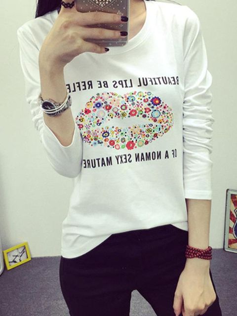 Haustíska kvenna 3 litir í stærð varaprentbolur með langerma, hringlaga bómullarbolir