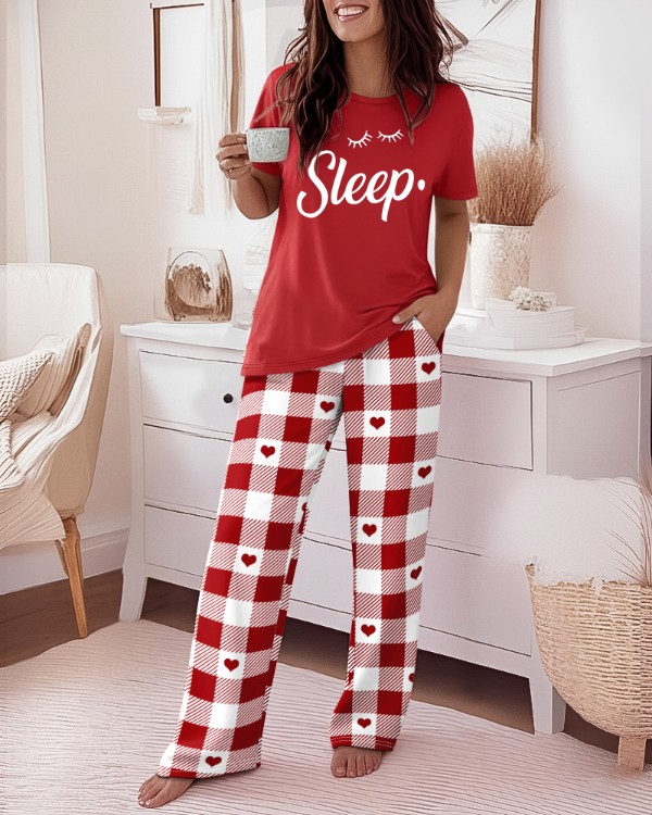 Alla hjärtans dag 2-delad outfit Sovrumsoutfit med bokstavstryck, rund halsringning, kortärmad topp och hjärt- och färgblocksrutigt rutigt set med elastisk midja, casual pyjamasset med lös passform