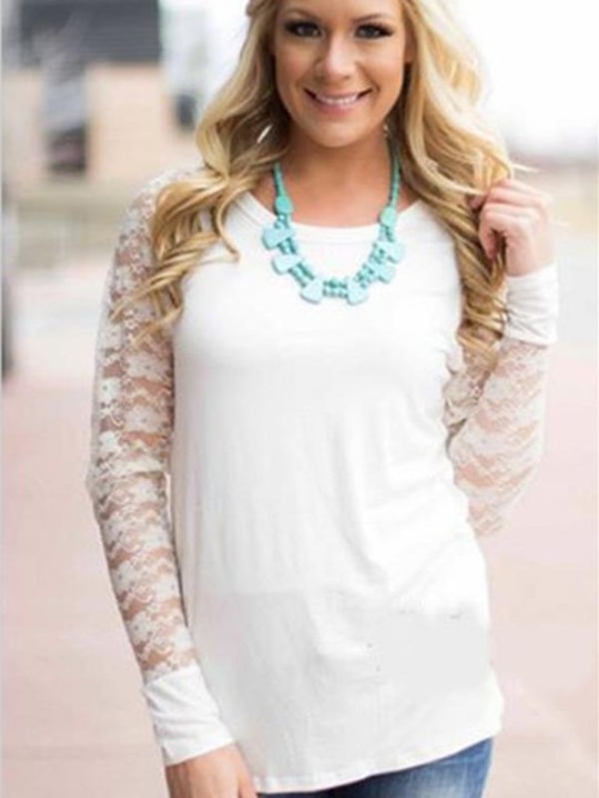 Blusas de la manga de encaje de la manga larga ocasional de la manera del tamaño extra grande de las mujeres florales Tops de la camiseta floral