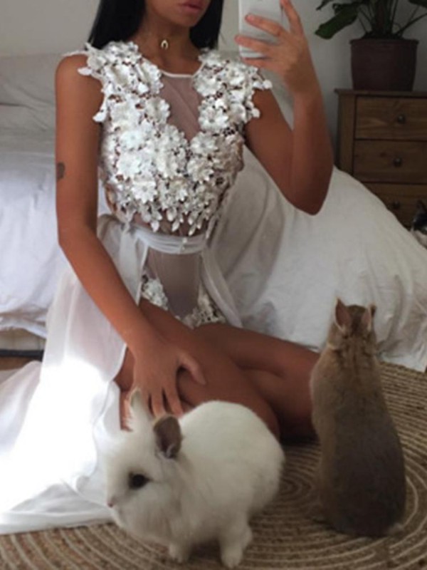 Ermaklæddar, kvenna, ermalausar, mjóar, blúndur bodycon kjólar í hvítum möskva, gagnsæir jumpsuit