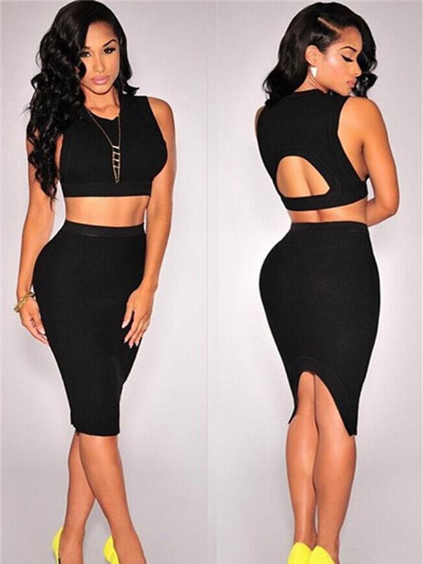 Kvinders sexede rygløse kjole 2stk Club Wear bomulds ærmeløs Bodycon kjole